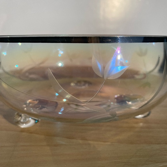 Vintage Candy Dish Etched Flowers Silver Rim Luminescent Carnival Glass Pink - Picture 6 of 6